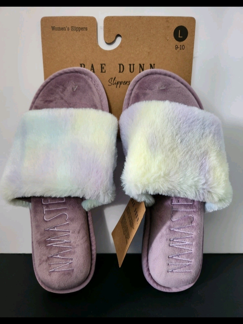 Rae Dunn Women's Lavender Plush Slide Slippers - Pastel Fuzzy Upper "Namaste"